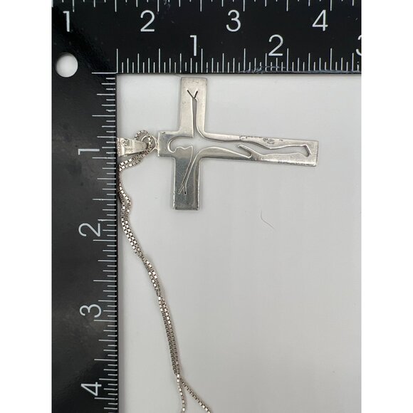 JDH 925 Mexico Sterling Silver Modernist 2.5" Crucifix Cross Pendant & 18" Chain - Picture 6 of 8